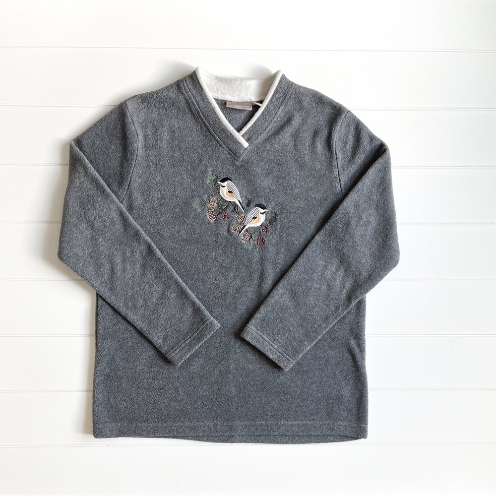 Croft & Barrow Gray V-Neck Sweater with Bird Embroidery